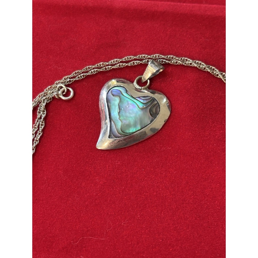 Vintage Sterling Silver & Abalone Heart Pendant stamped "Mexico" & 20 Inch Chain
